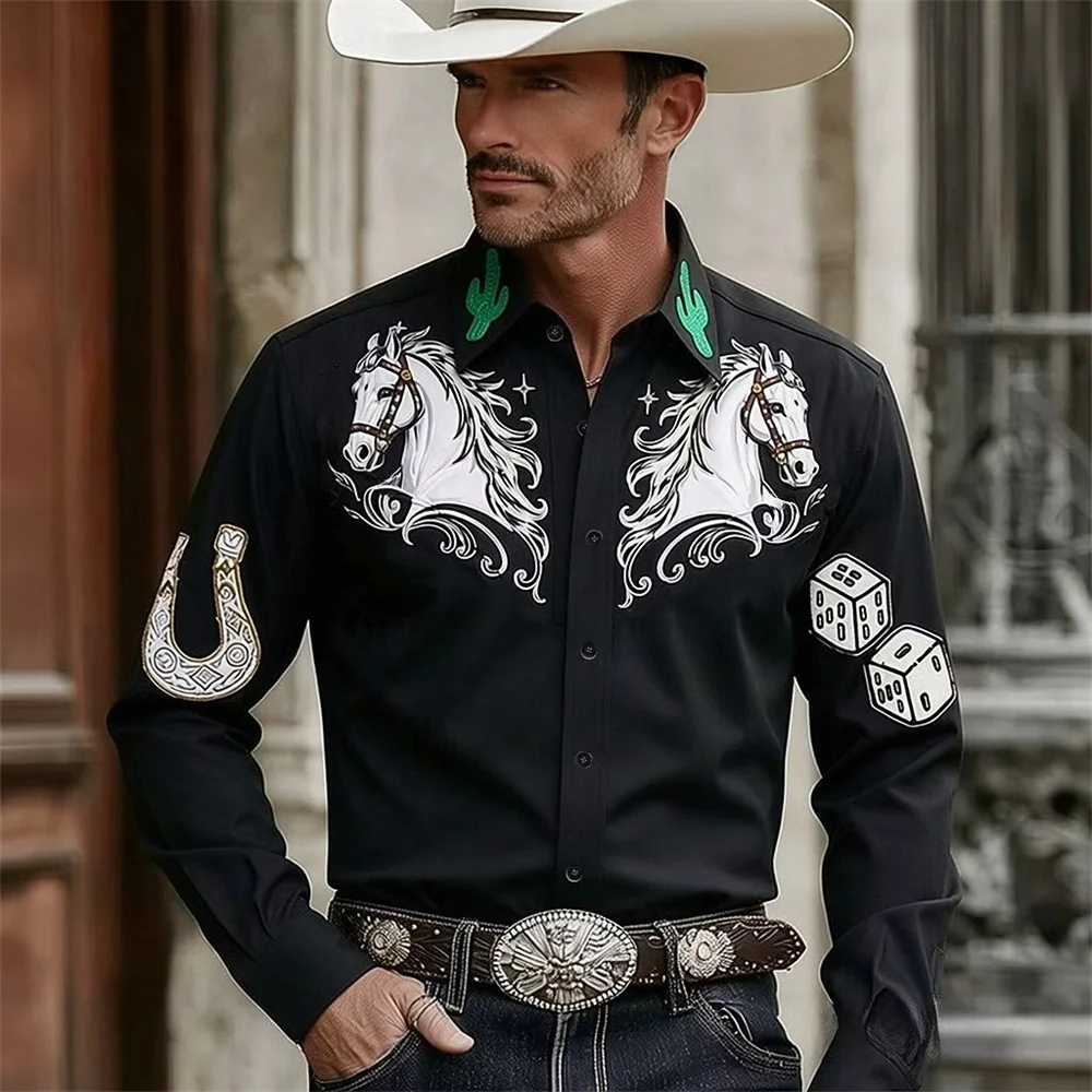 Men Long Sleeve Shirt Western Cowboy Horse Cactus Dice Print Retro Party Slim Fit Button Down Tops Men's Clothing