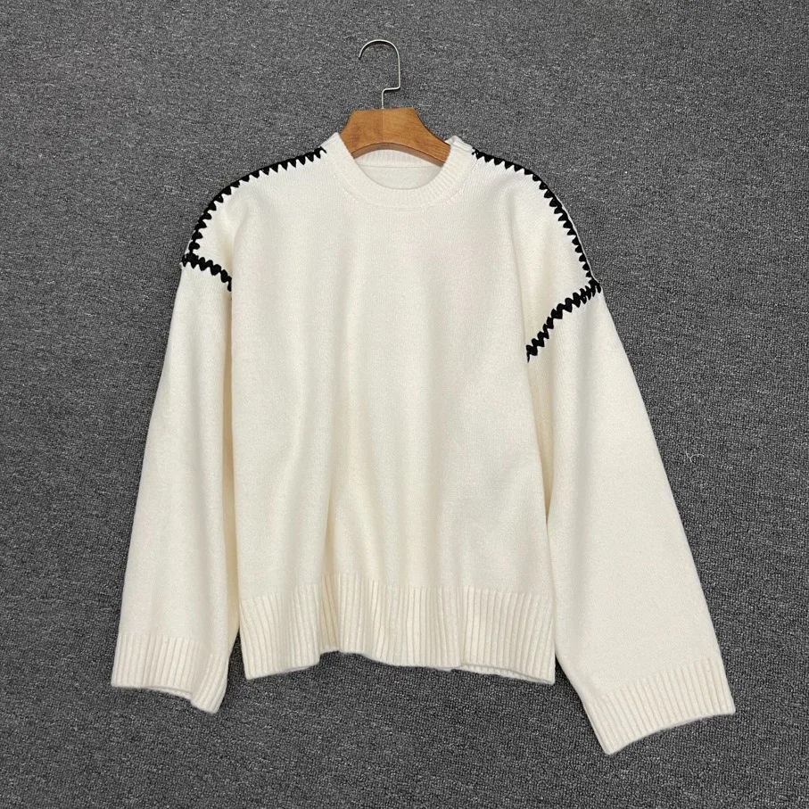 Withered High Quality Spring Casual Nordic Retro Wool Sweater Women Embroidered Round Neck Loose Contrast Knitted Pullover Top
