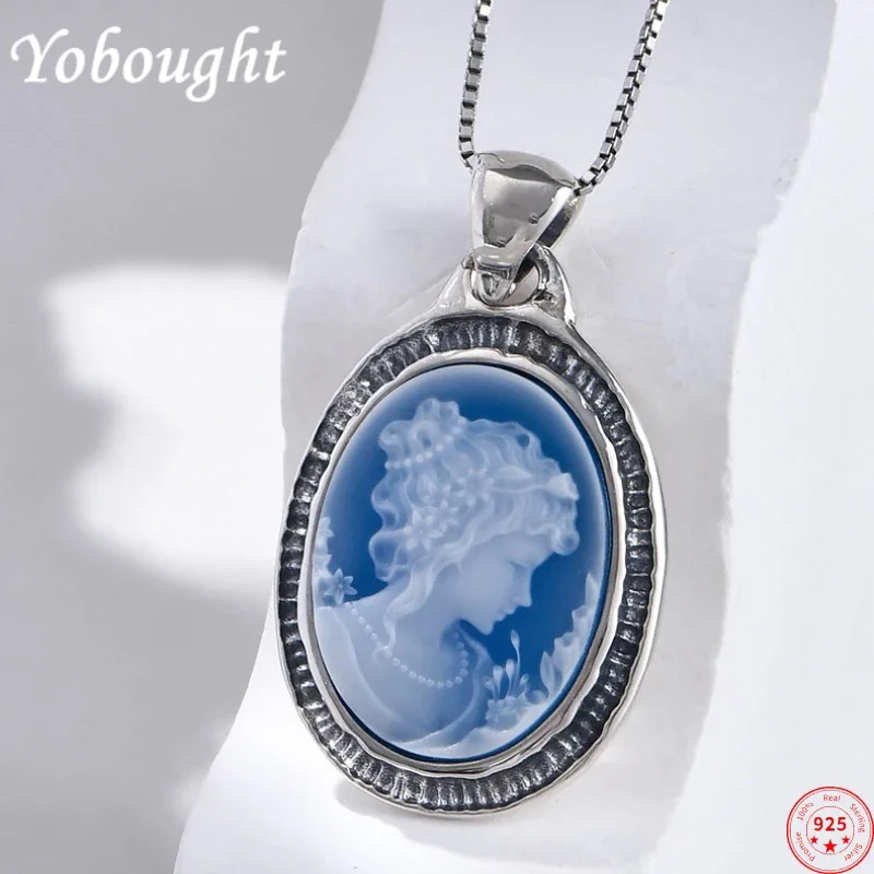 

S925 sterling silver pendant for women men new fashion blue agate beauty head sculpture embossed Oval jewelry free shipping