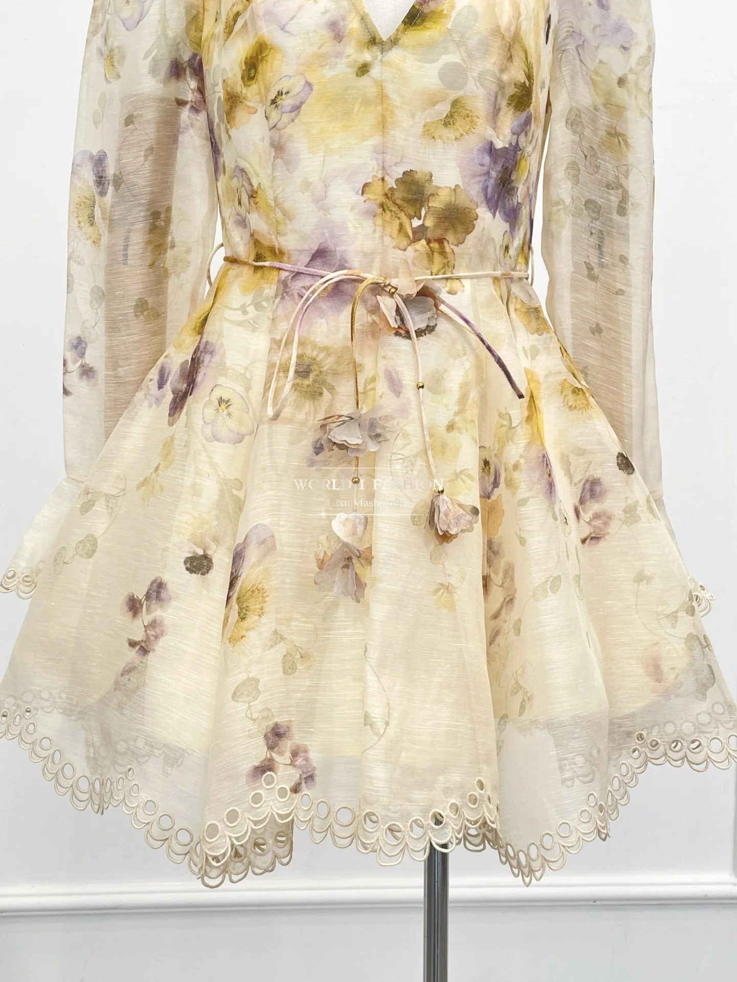 Mini Dress 2026 New Design Beige Violet Floral Print Embroidery Long Sleeve V Neck Scallop for Ladies