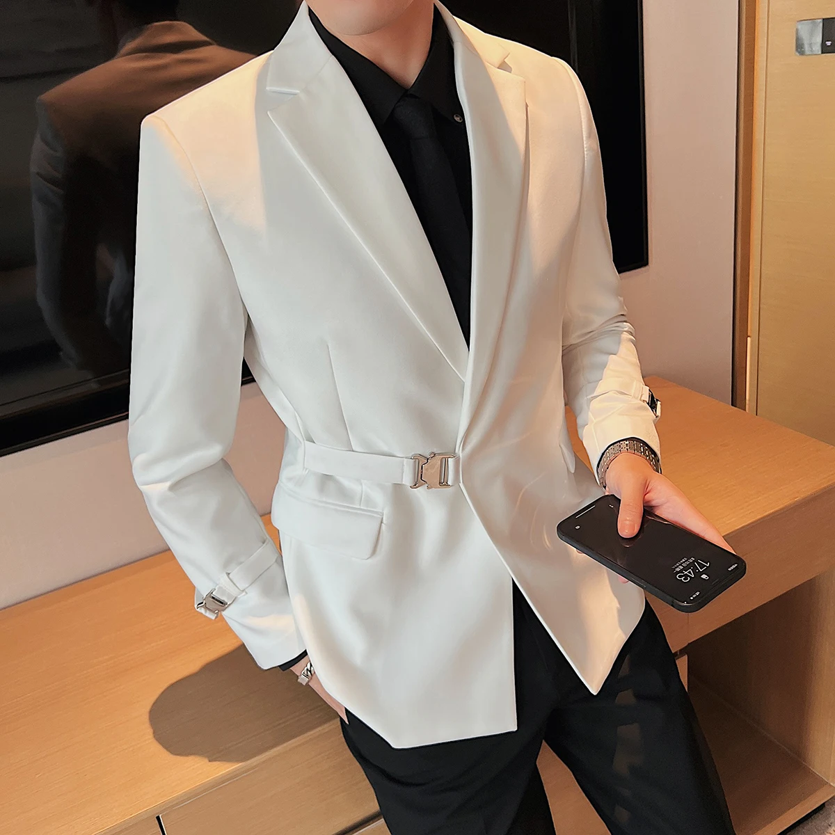 2022 Fashion Side Buttoned Design Slim Fit Suit Jacket Men\'s Casual Wedding Social Party Blazers Streetwear Club Prom Suit Coats