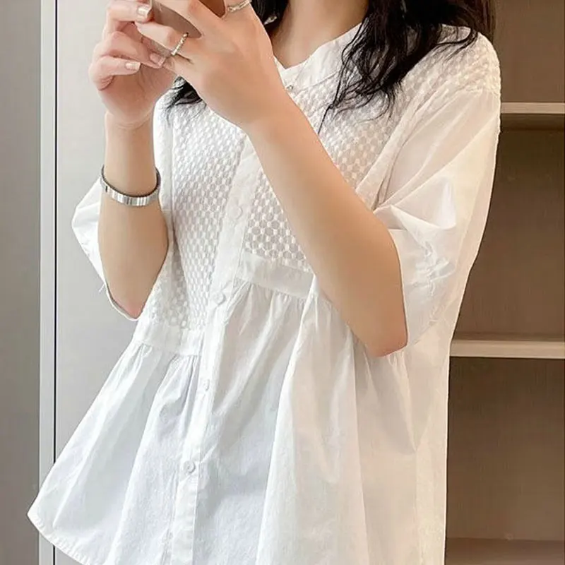 2023 Casual Sweet Solid Color Blouse Female Single-breasted Korean Loose Patchwork O-Neck Summer Half Sleeve Asymmetrical Shirt