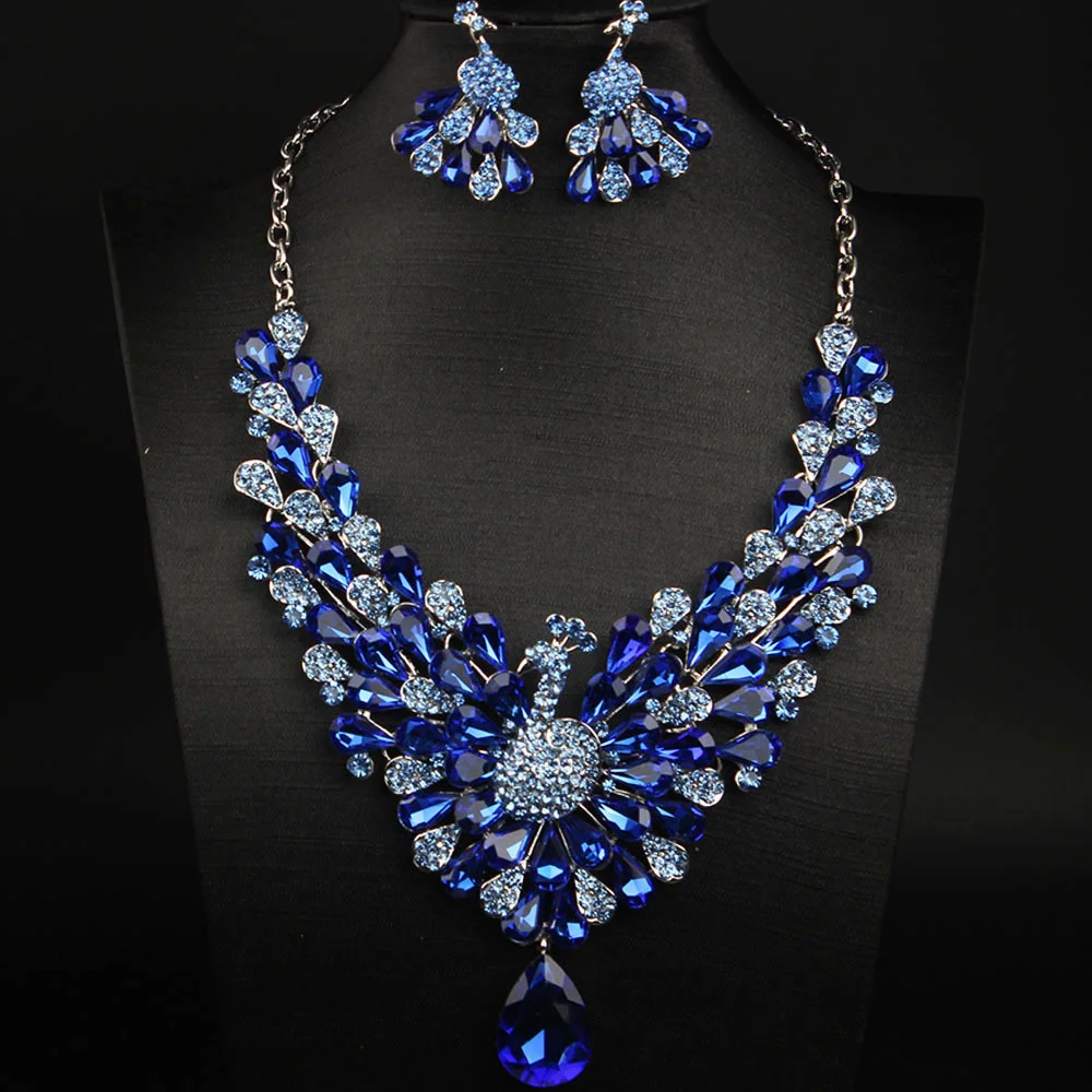 

New peacock necklace and earrings set - gemstone jewelry in crystal style. Wedding accessories. Gift for wife.