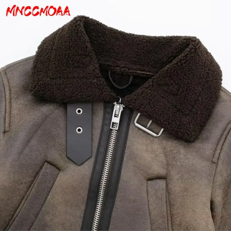 MNCCMOAA-Women\'s Vintage Thick Warm Double Sided Jacket Female Coat Casual Zipper Pockets Winter Outwear Top Ladies Fashion 2024