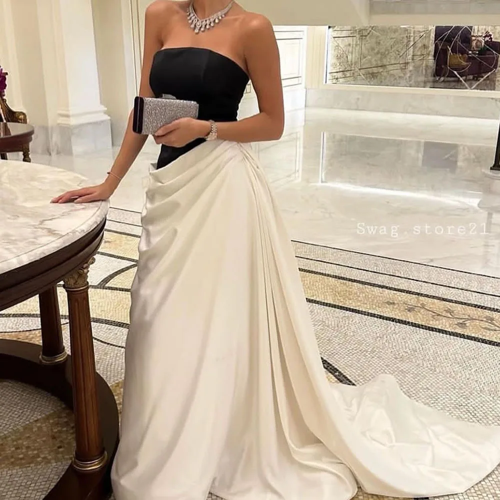 Moderno marfim cetim plissado sem alças vestidos de noite até o chão formal festa vestidos de baile