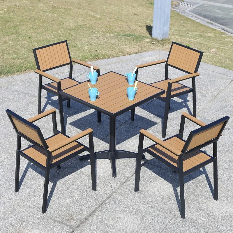 Juego de mesa de comedor de café para todo tipo de clima, 4 sillas, muebles de jardín de madera para patio al aire libre