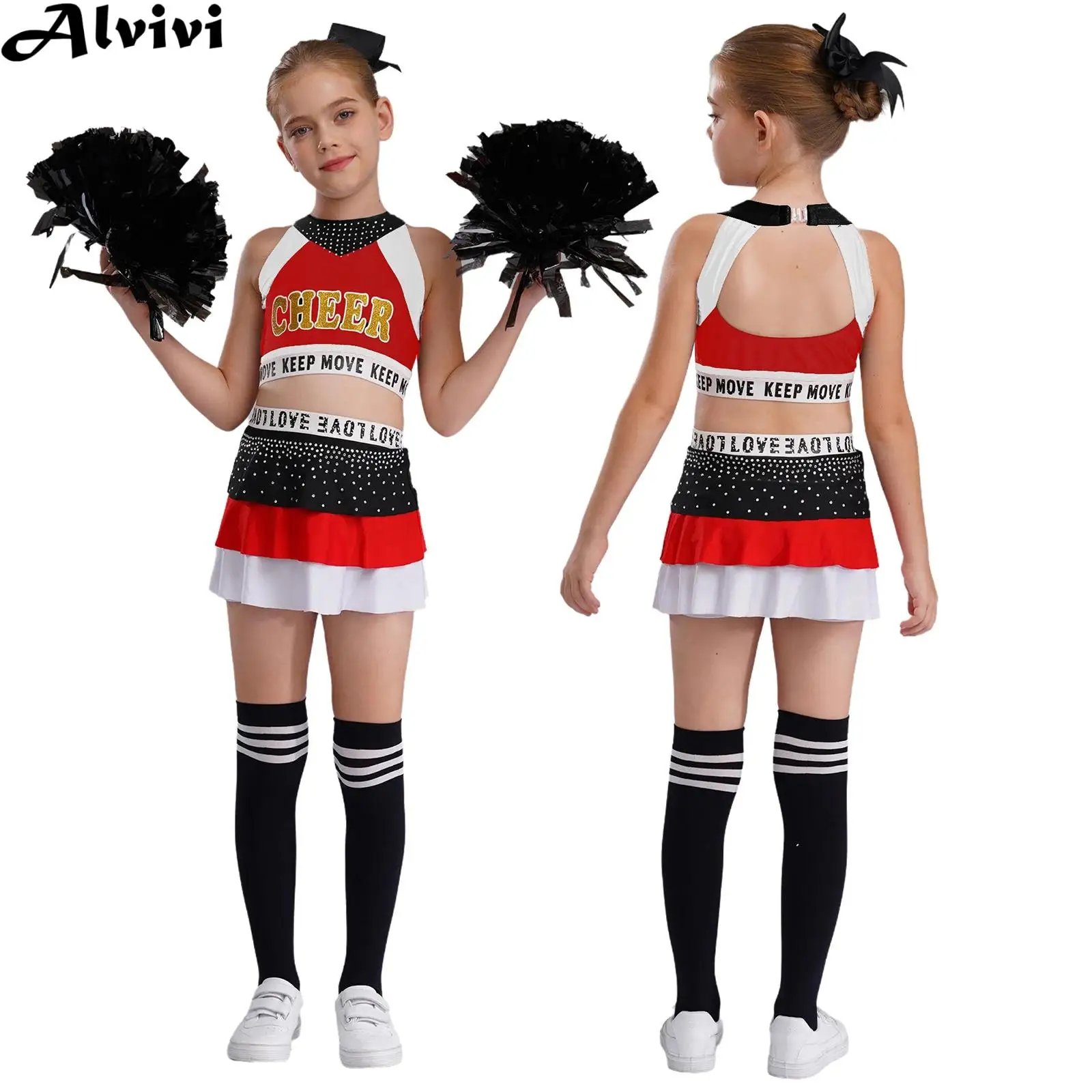 Kinderen Meisjes Cheer Uniform Cheerleading Jazz Dansvoorstelling Kostuum Mouwloze Crop Top met Rok Hoofddeksels Bloemballen Sokken