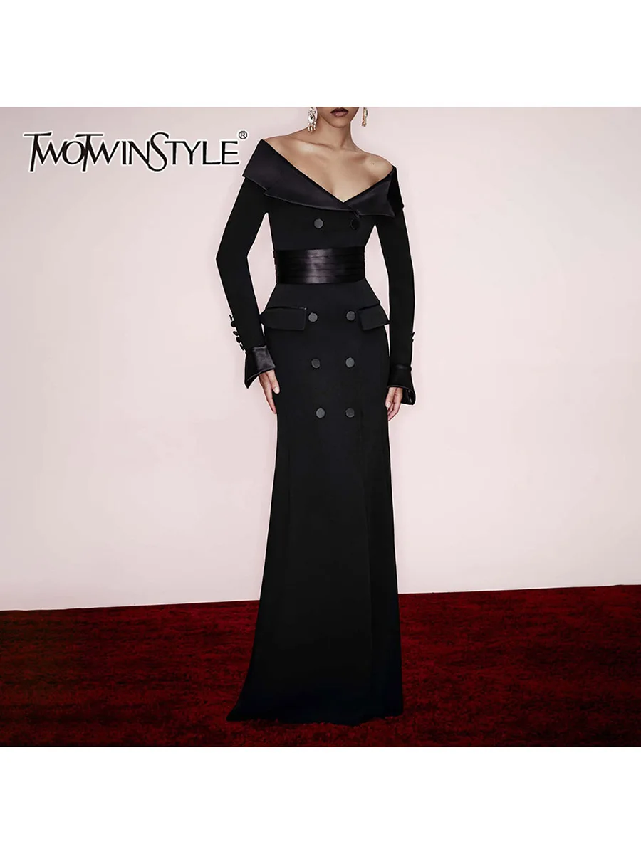 

TWOTWINSTYLE Однотонное винтажное длинное платье с пуговицами и вставками для женщин, с V-образным вырезом, длинными рукавами, туника, лоскутное платье на бретелях, женская мода