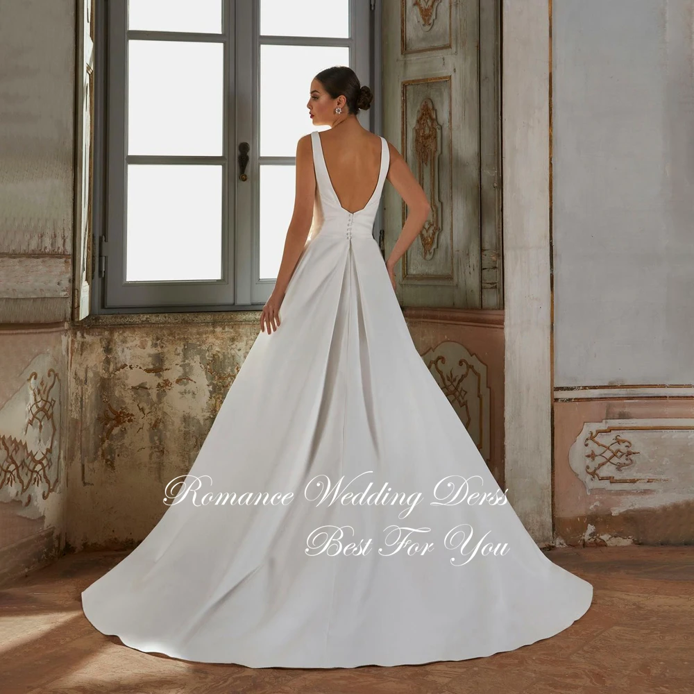 Simples decote em v cetim a linha vestido de casamento plissado cintas de espaguete alta fenda aberta volta vestido de noiva vestidos de novia personalizado