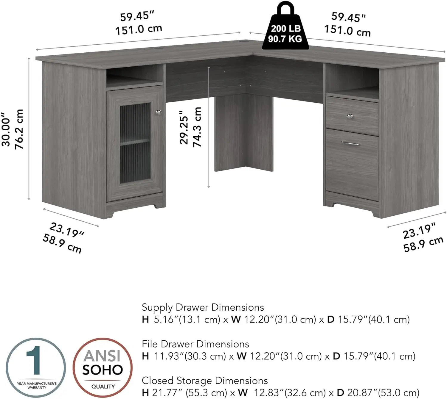 Cabot-mesa em forma de l, mesa cinza moderna, 60 polegadas