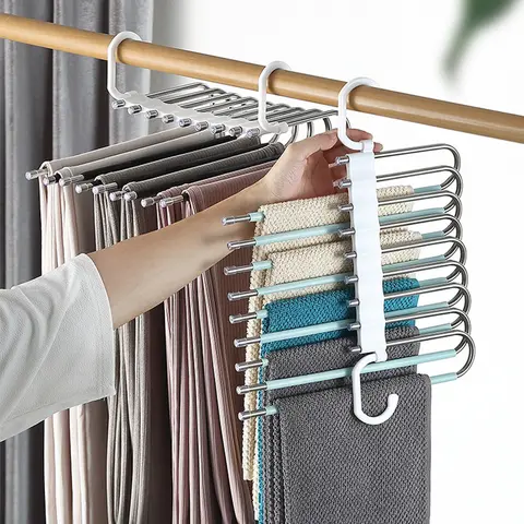 Upgrade 9 Layers Pants Hangers Space Saving, Jeans Hangers Non Slip Stainless Steel Multifunctional Rack S-Type Closet Organizer