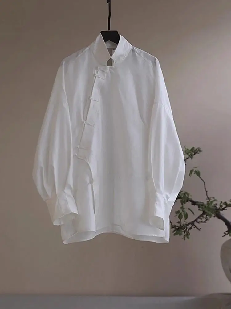 

New Chinese Sle Loose Lantern Sve irt Women's Spring Autumn High End Cotton Linen Blend Pure White Button up Top