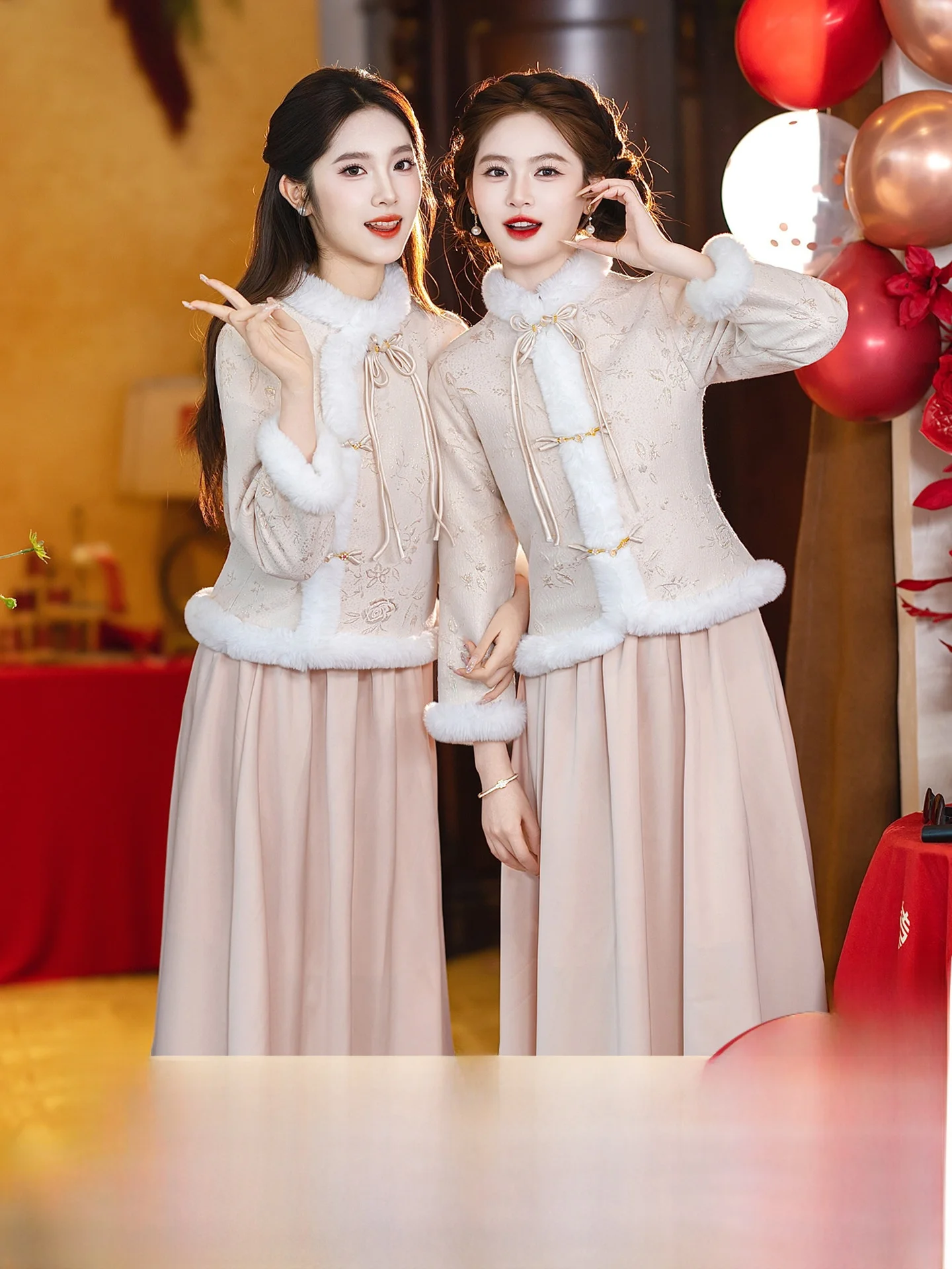 

Зимнее свадебное платье в китайском стиле с флисовой подкладкой для женщин, комплект для подружек невесты, повседневная одежда из полиэфирного волокна