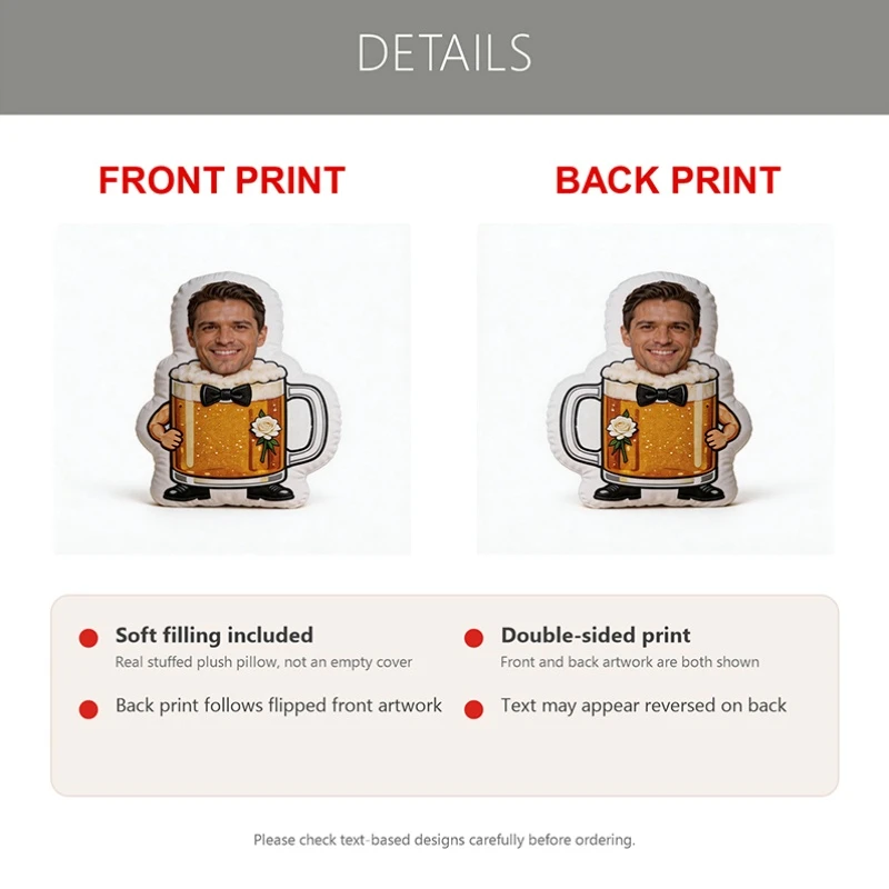 Custom Face Beer Mug Shaped Pillow, Personalized Photo Decorative Cushion with Bow Tie And Rose Design, 70CM Large Size Accent P