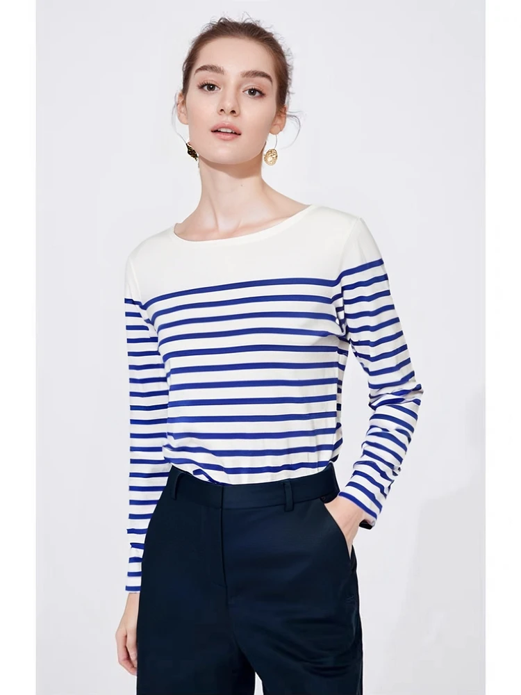 Thin Cotton Stripesd T-Shirt Women's Long-Sleeved Boat Collar Sea Soul Shirt Spring & Fall/Women's Long-Sleeved Ticka, High-Quality Cotton Stripesd, Glojo, Spring & Fall