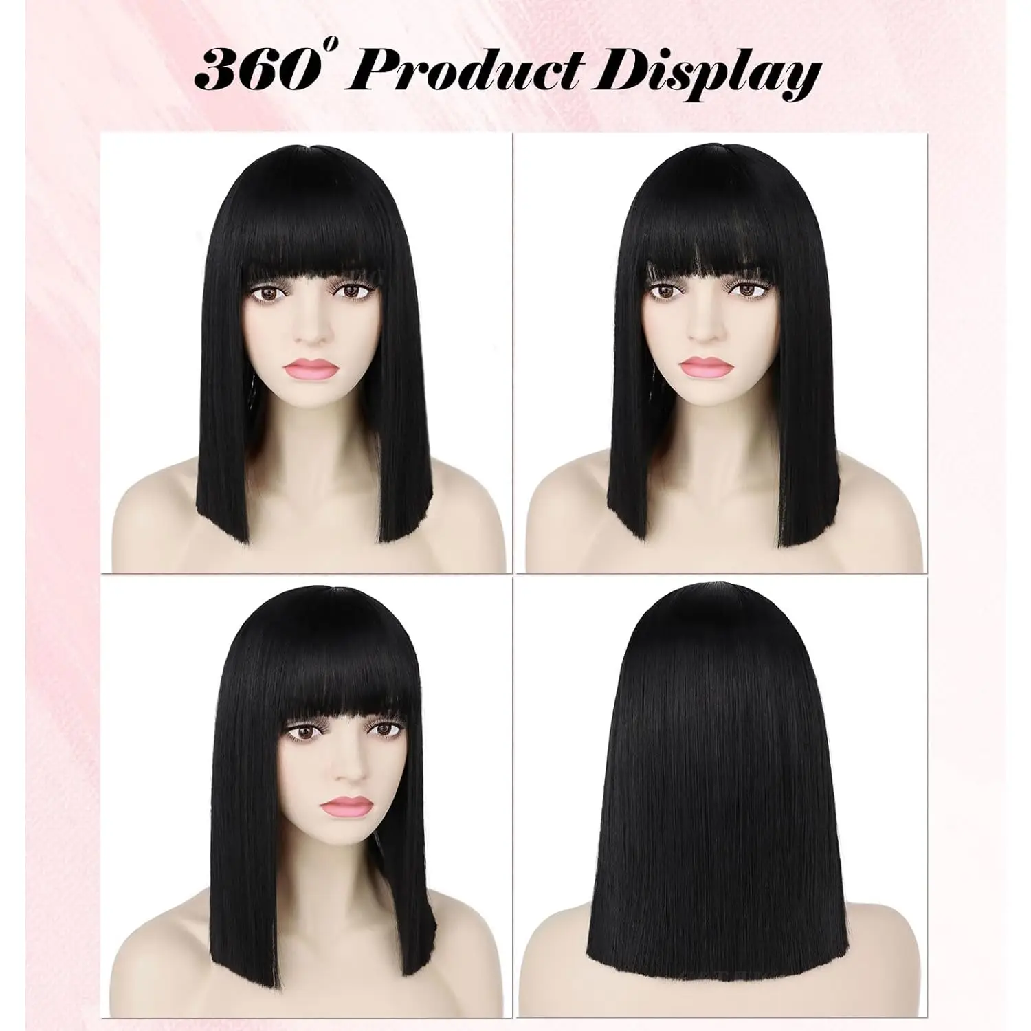 Perruque Bob synthétique noire avec frange, courte et lisse, longueur d'épaule, résistante à la chaleur, pour femmes à la mode