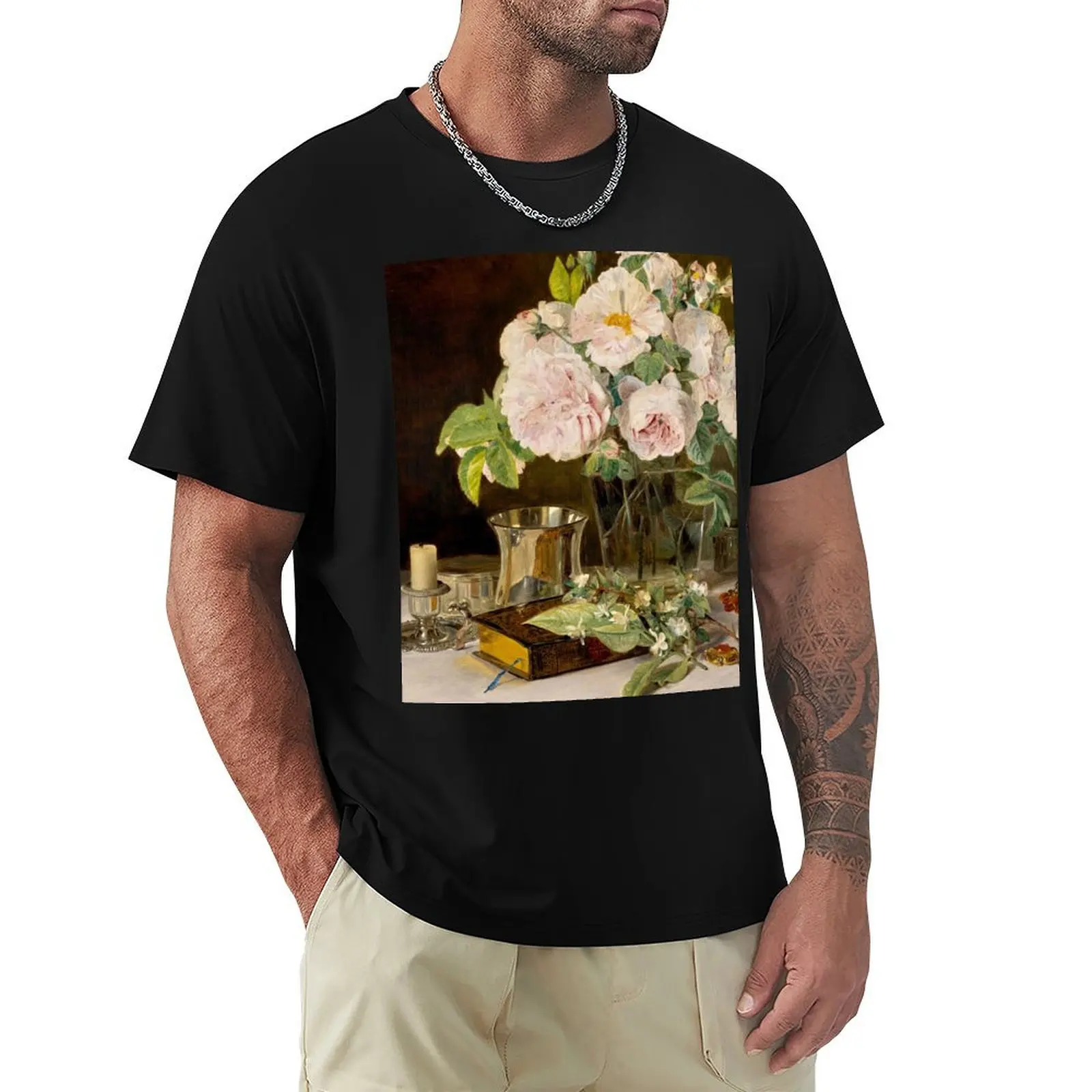 

Still Life of Roses in a Glass Vase, A Candlestick, A Book, and Silver Cup by Ferdinand Georg Waldmüller (retouched) T-Shirt
