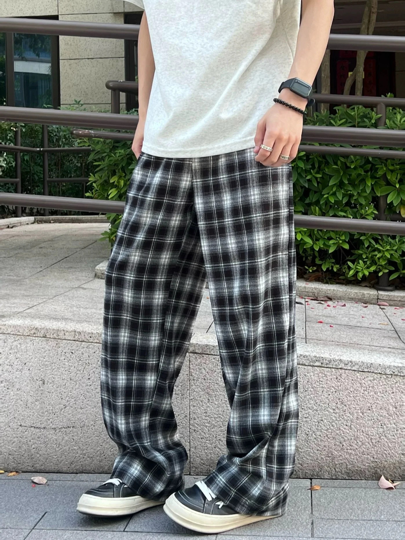 Plones Deportivos Hoados de Estilo Americano con Cintura Elástica y Estampado a Cuadros para Hombre, Plones Largos ...