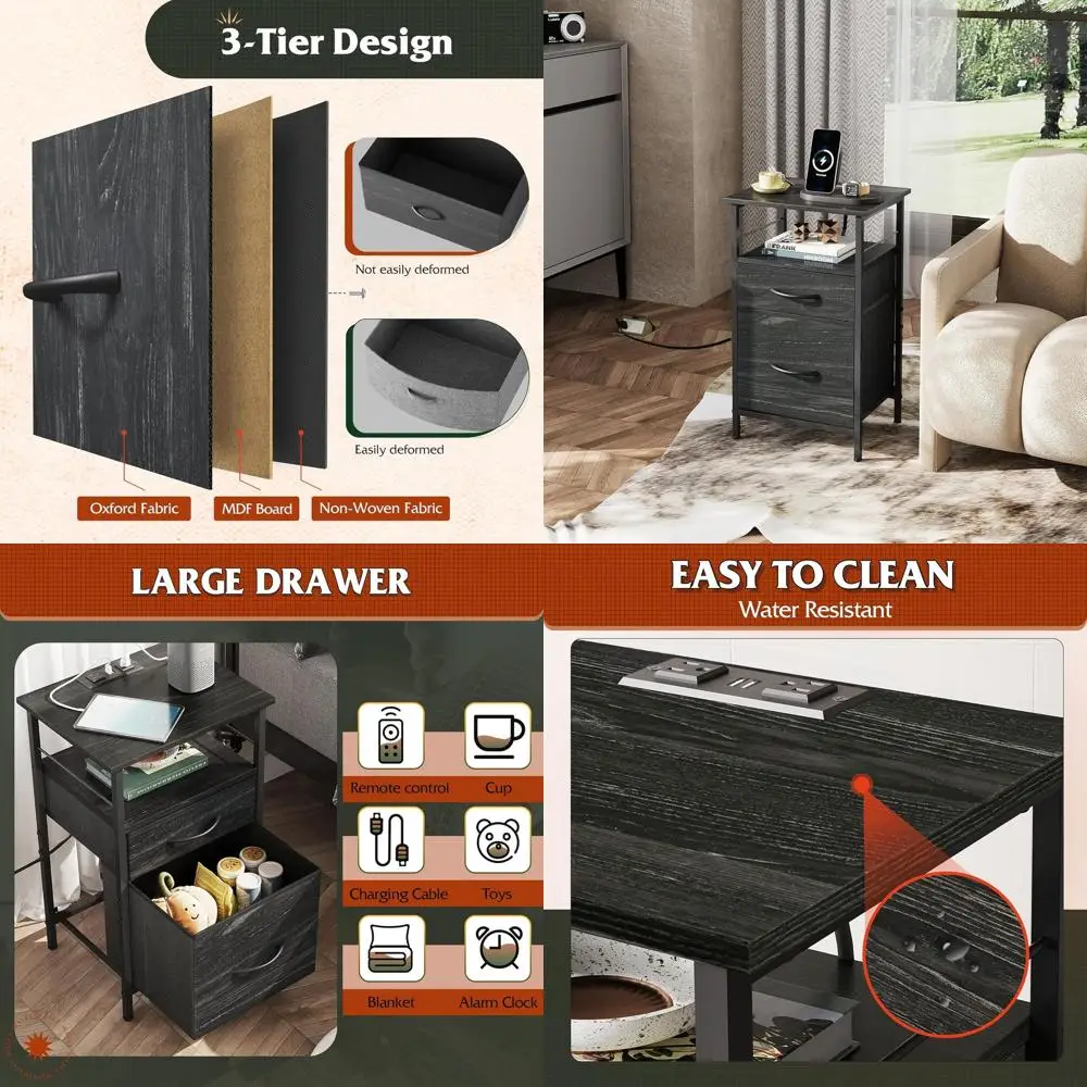 

Black Charging Station Nightstand, Fabric Drawers, USB & Outlet, Modern Bedroom Side Table