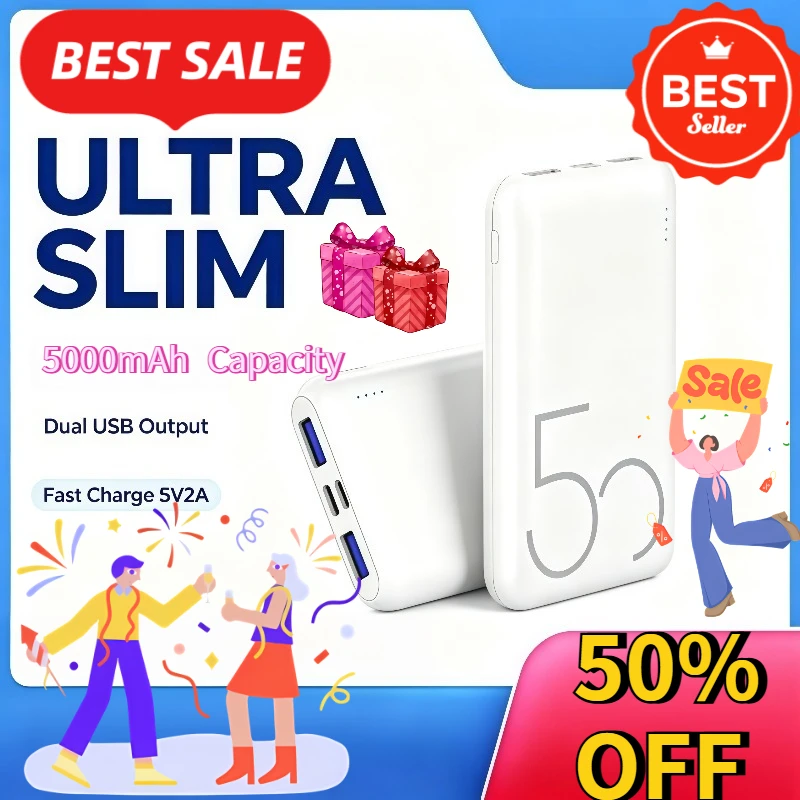 5000mAh Mini Ultra‑thin Power Bank Pocket Size Portable Polymer Battery External Charger For Smartphone