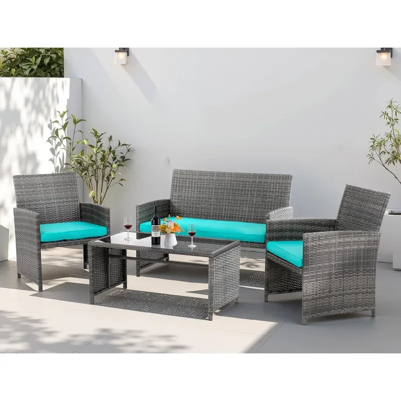 4 Piece Patio Ratten Set Outdoor Furniture Set Wicker Conversation Sets with Cushions and Tempered Glass Tabletop Blue