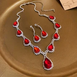 Inlaid Red Rhinestone Necklace Earring Set For Women Light Luxury Water Drop Choker Necklace Bridal Wedding Party Jewelry Sets