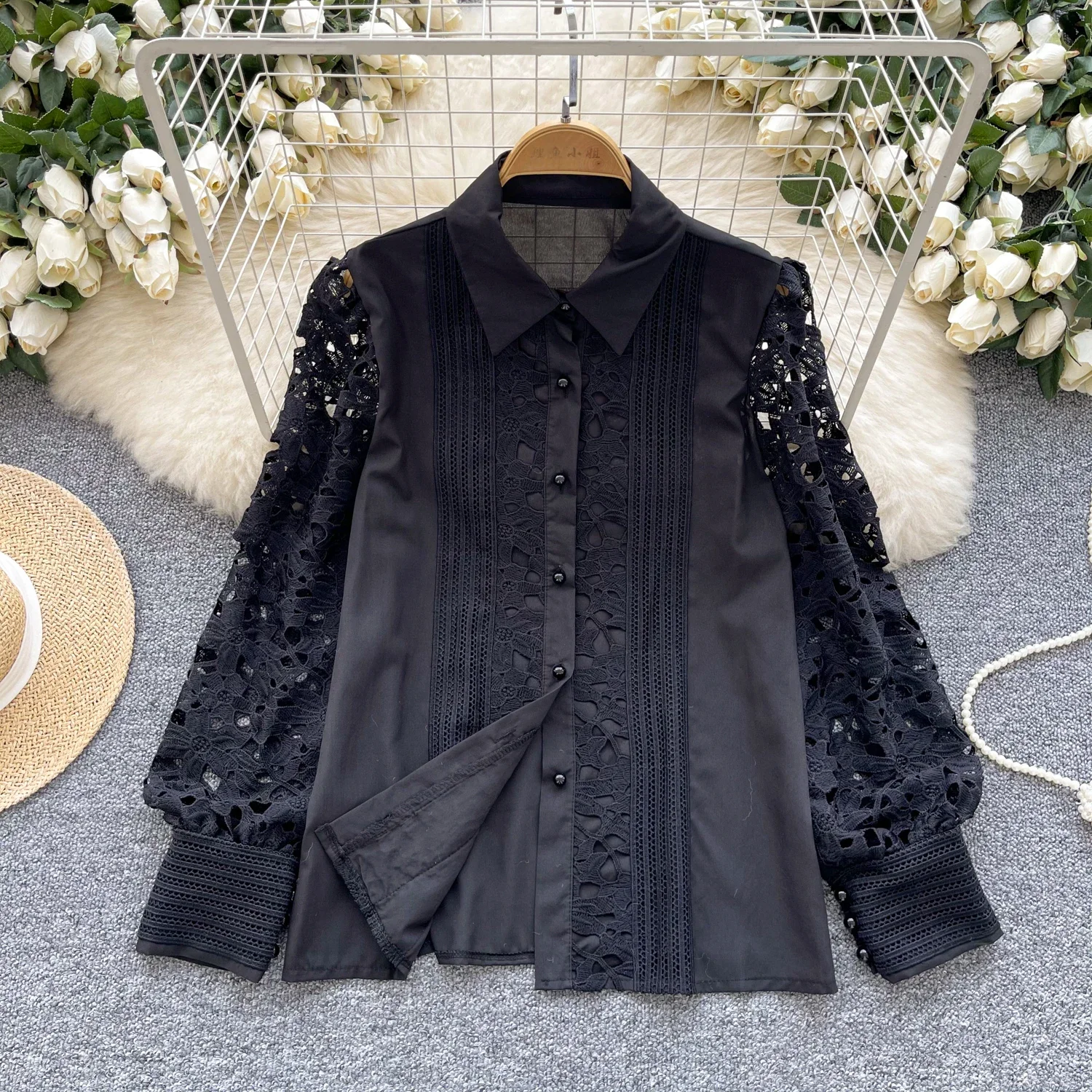 Vintage Elegant Embroidery Hollow Out Long Sleeve Blouse Fashion Lapel Shirt  Casual Chic Top Fairy  Autumn Women