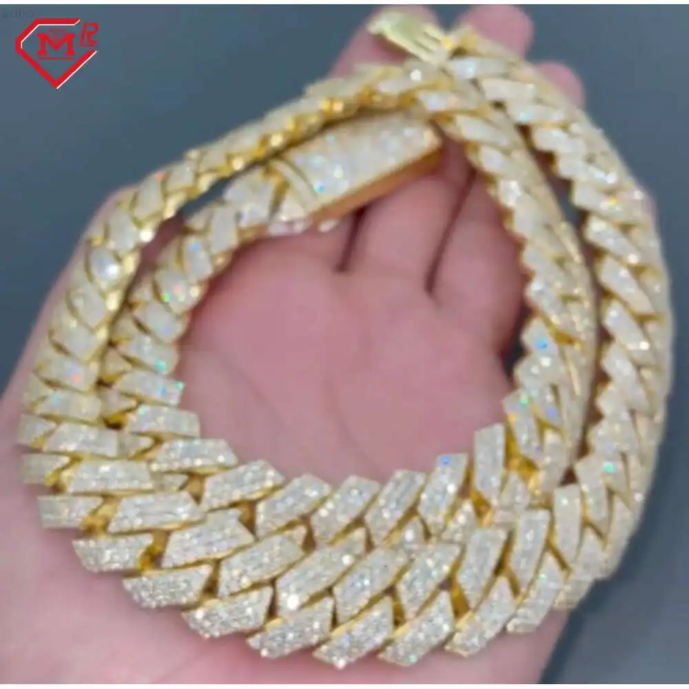 

Vvs Moissanite 16mm Hiphop Miami Ice Out Cuban Chain 925 Sterling Silver Real Gold Plated Cuban Link Chain