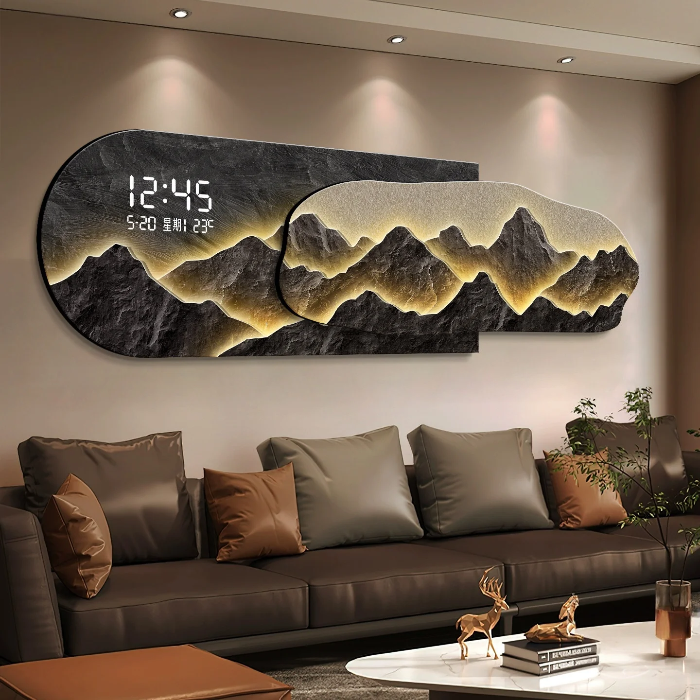 2026 High End Living Room Decoration Painting LED Digital Electronic Clock Mountain Back Atmosphere Light Hanging Painting