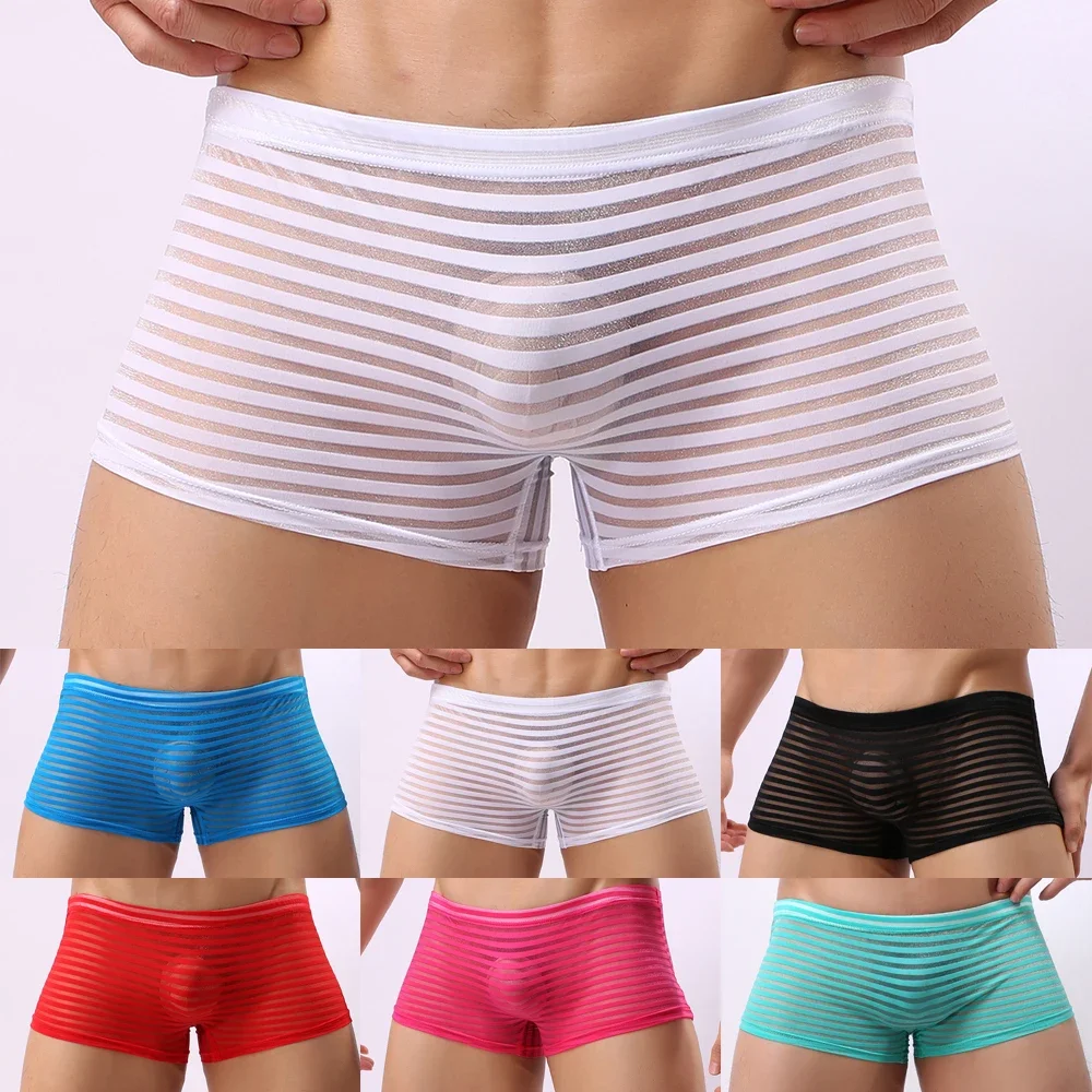 Sexy Men Striped See Through Seamless Boxer Fashion Briefs Comfortable Underwear Shorts Seamless Trunks Transparent Underpants