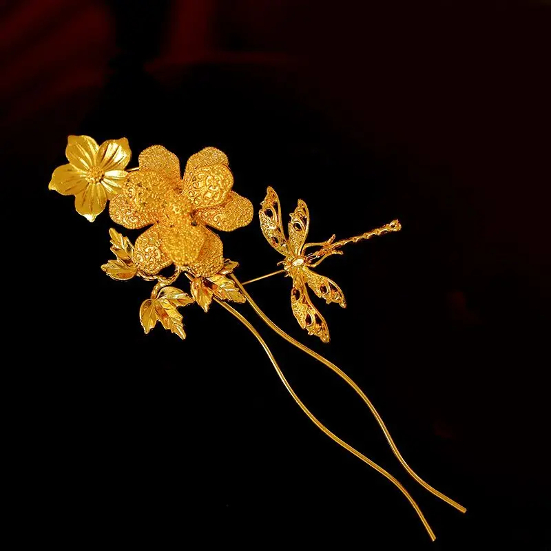 

New Gold Plated Flower Hairpin Simple & Gorgeous Hair Stick Vintage Style Hair Accessories For Bride Xiuhe Cheongsam Wedding