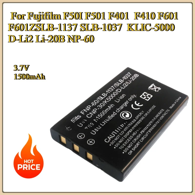 Nouvelle batterie de remplacement pour appareil photo, 3.7V, 1500mAh, pour Fujifilm F50I F401 F410 F601 ZSLB-1137 SLB-1037 KLIC-5000 D-Li2 Li-20B NP-60