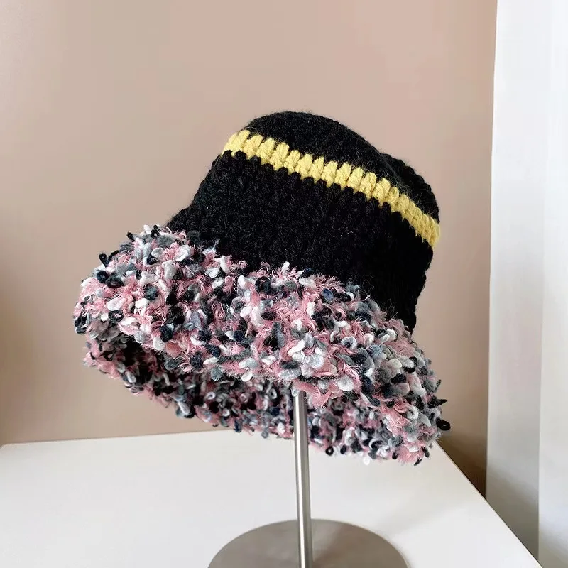 

2024 Fashion Colorful Gradient Stripe Woolen Hat Women's Autumn and Winter Cute Handmade Plush Hat Knitted Fisherman Bucket Hats