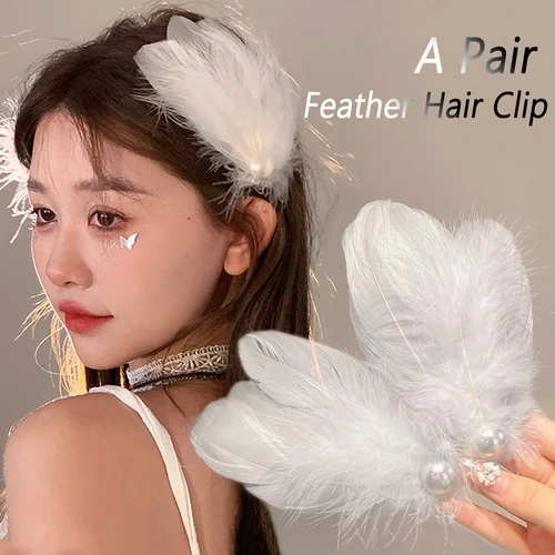 2 unids/set de pinzas para el cabello de plumas de Color blanco y negro, pasadores de cocodrilo de Ballet de felpa con perlas, tocados elegantes para actuación de fiesta