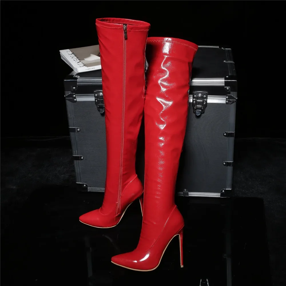 Red Patent Leather Women Thigh High Boots Lady Dance Pointed Toe Thin Spike Stiletto High Heels Zipper Sexy Over Knee Long Boots