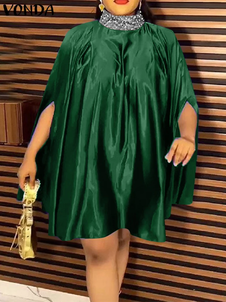 Plus Size VONDA Women Dress 2025 Elegant Knee-Length Vestidos Casual Loose High Neck Sundress Oversized Solid Robe Femme