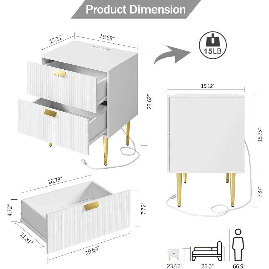 Grande comodino scanalato con stazione di ricarica integrata e presa tavolino dal design moderno di metà secolo per soggiorno o camera da letto