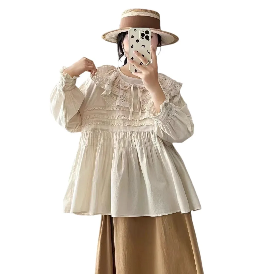 Spring New Japanese Sweet Mori Girl Embroidery Peter Pan Collar Shirts Women Long Sleeve Solid Color Casual Loose Tops