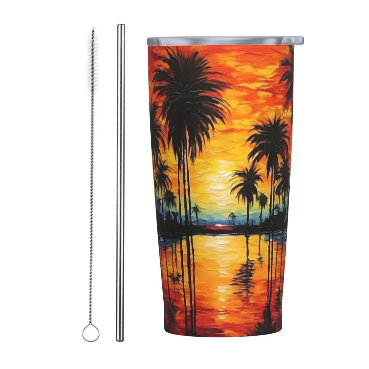 

Стакан из нержавеющей стали, красочные закатные пальмы, автомобильные кружки с соломинкой, пляжная бутылка для холодной и горячей воды, портативная кофейная кружка