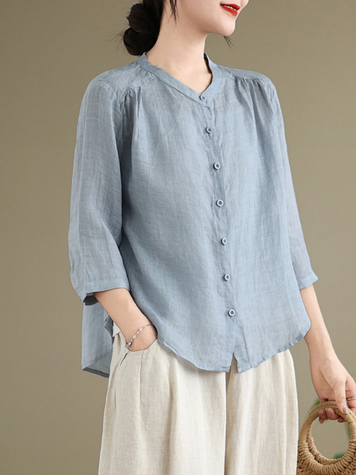 2024 verano Faion mujer algodón Lino siete-Sve Casual irt y pantalones Harlan conjunto de dos piezas redondo Ne Button-Up Sle