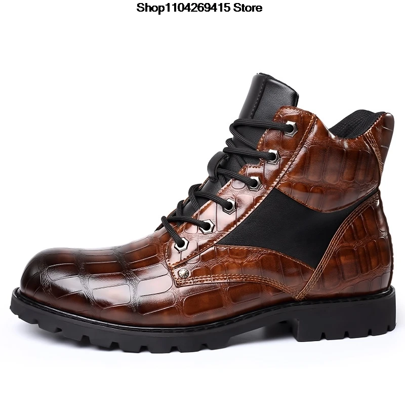 Autumn Men Boots Grid Pattern Square Heel Men Ankle Boots Designer Luxury Leahter Shoes for Men Fashion Motorcycle Boots zapatos