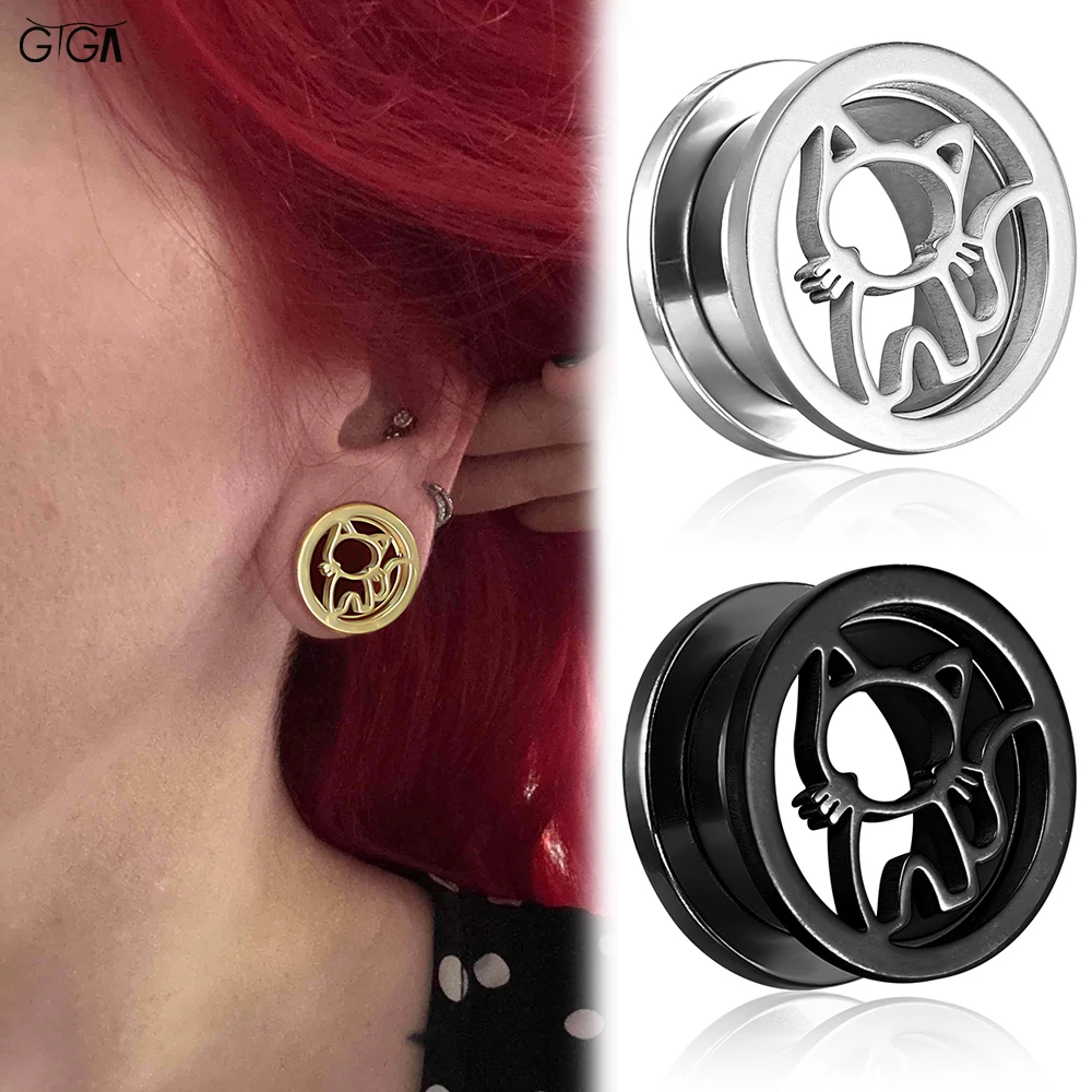 Giga 2Pcs Hollow Cat Ear Gauges Plugs Tunnels Expander Stainless Steel Screw Back Animal Ear Stretching Body Piercing Jewelry