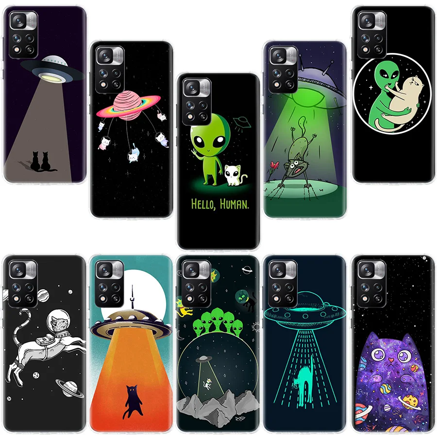 UFO Alien Cat universe Phone Case For Xiaomi Redmi Note 13 Pro Plus 5G Cover 12 12C 9 9T 9C 10 10C 8 7 6 10A 9A  K70 K60 Pro 8A