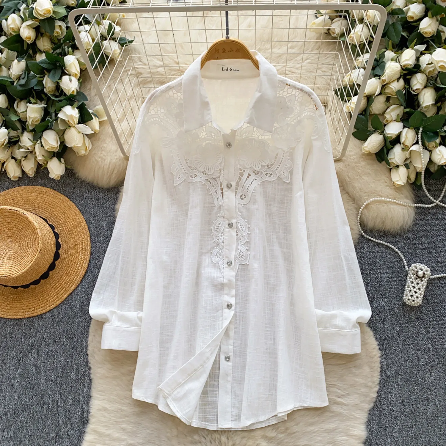 

White Blouses Women Shirt Turn Down Collar Full Sleeve Tops Solid Lace Y2k Streetwear Casual Loose Elegant Shirts 2026 Spring