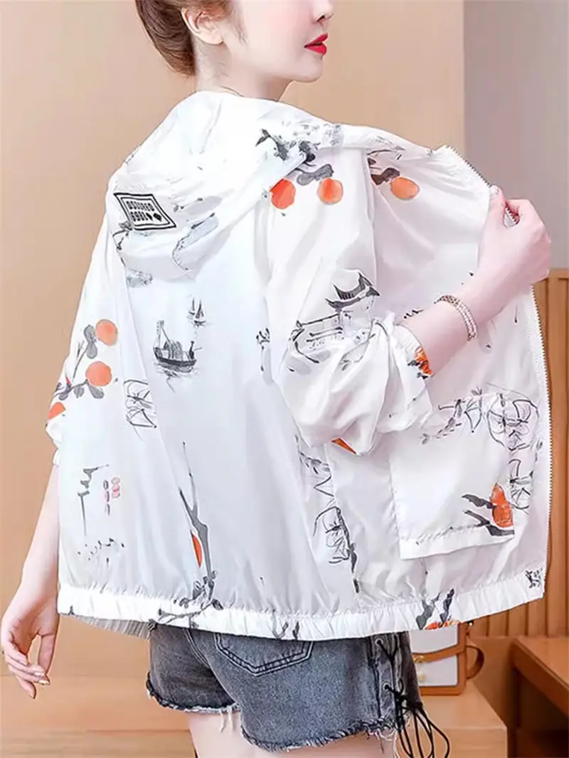 

Sunscreen Clothing For Women Summer 2024 New Short Jacket Printed Breathable Loose Cardigan Thin Top Hooded Shirt Coat k1366