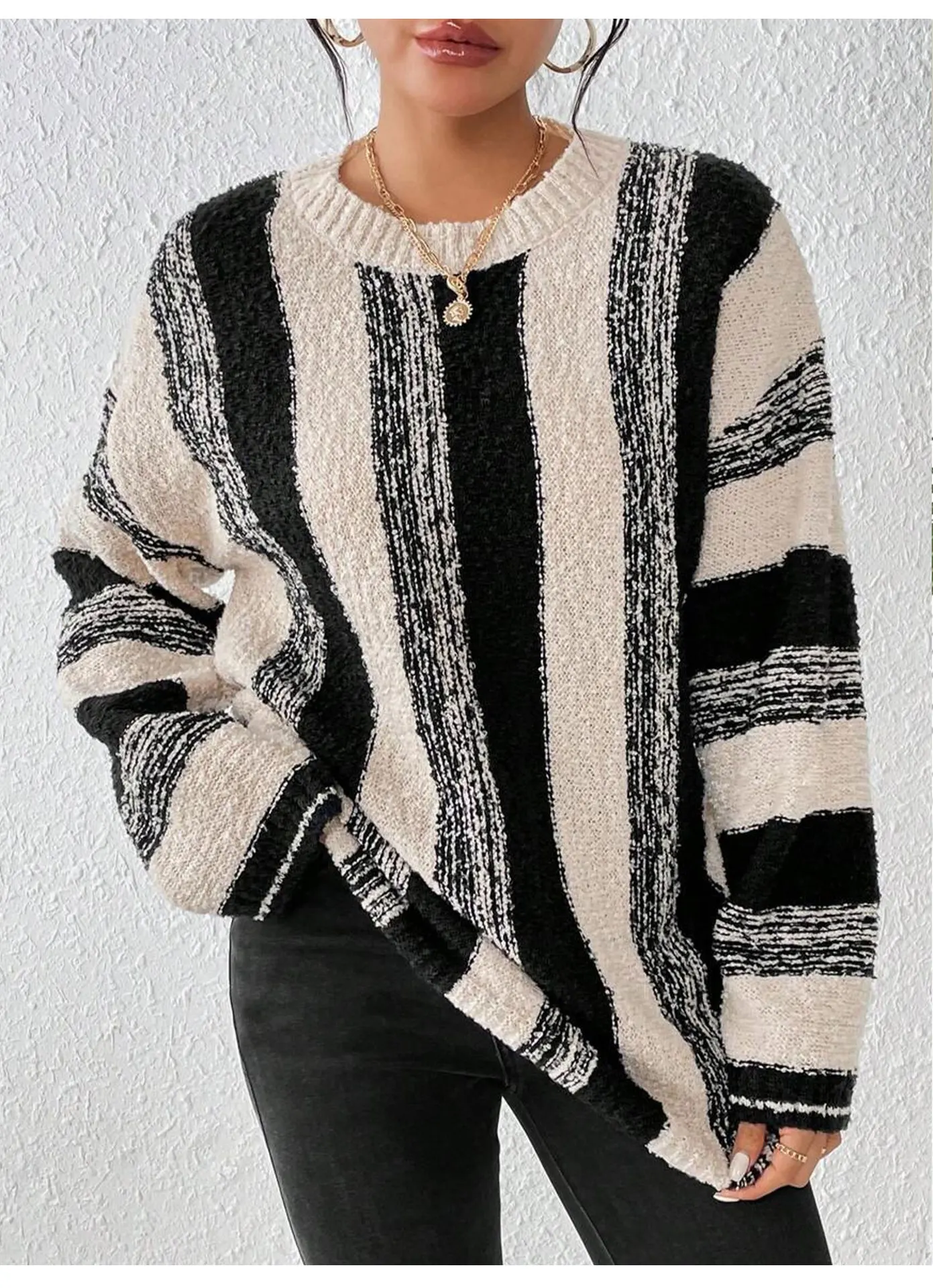Women 2026 Autumn Winter Color‑Block Vertical Stripe Pullover Sweater Loose Casual Long‑Sleeve Knitted Top