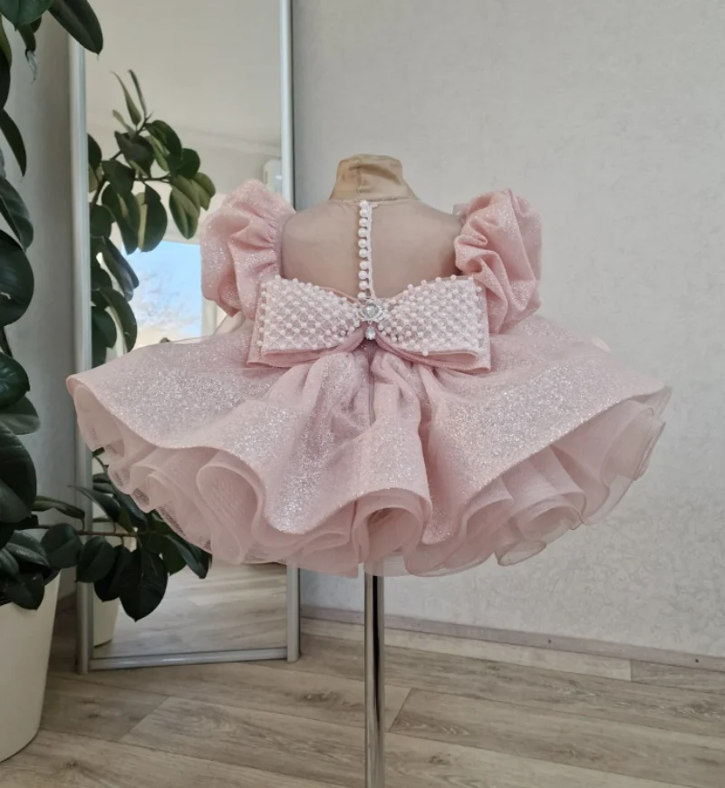 Bloemenmeisje Jurken Roze Tutu Outfit Kind Glitter Gezwollen Tule Jurken Vestidos Para Niñas Eerste Jurk Peuter Verjaardag Jurk