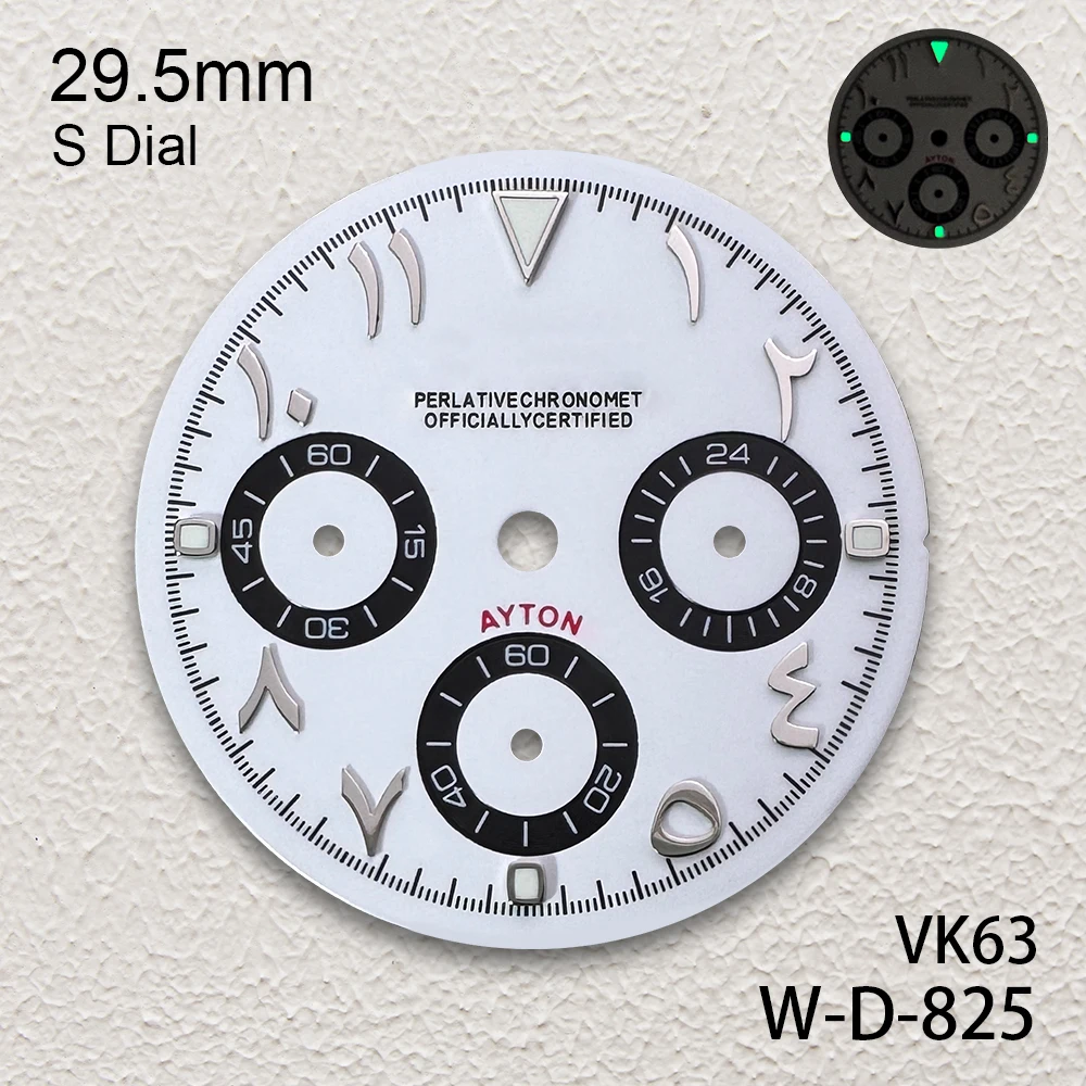 29.5mm DTN Arab Panda S Dial Fit VK63 Movement Green Luminous High-Quality Watch Modification Accessories