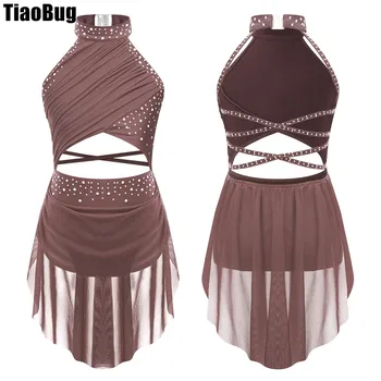 Kinder Mädchen Lyrical Dance Trikot Kleid Glitzerndes Strass Ausschnitt Riemchen Rückenfreies Trikot Sheer Mesh Overlay Performance Kleid