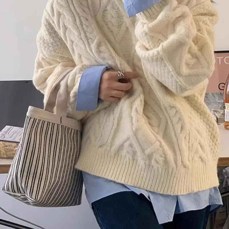 Lockerer Strickpullover für Damen, Rundhalsausschnitt, lange Ärmel, weiche Twist-Strickwaren, Retro-Mädchen-Top, Pullover, Adrette, Herbst und Winter